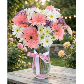 Pembe Gerbera ve Beyaz Papatya Tasarım Vazosu